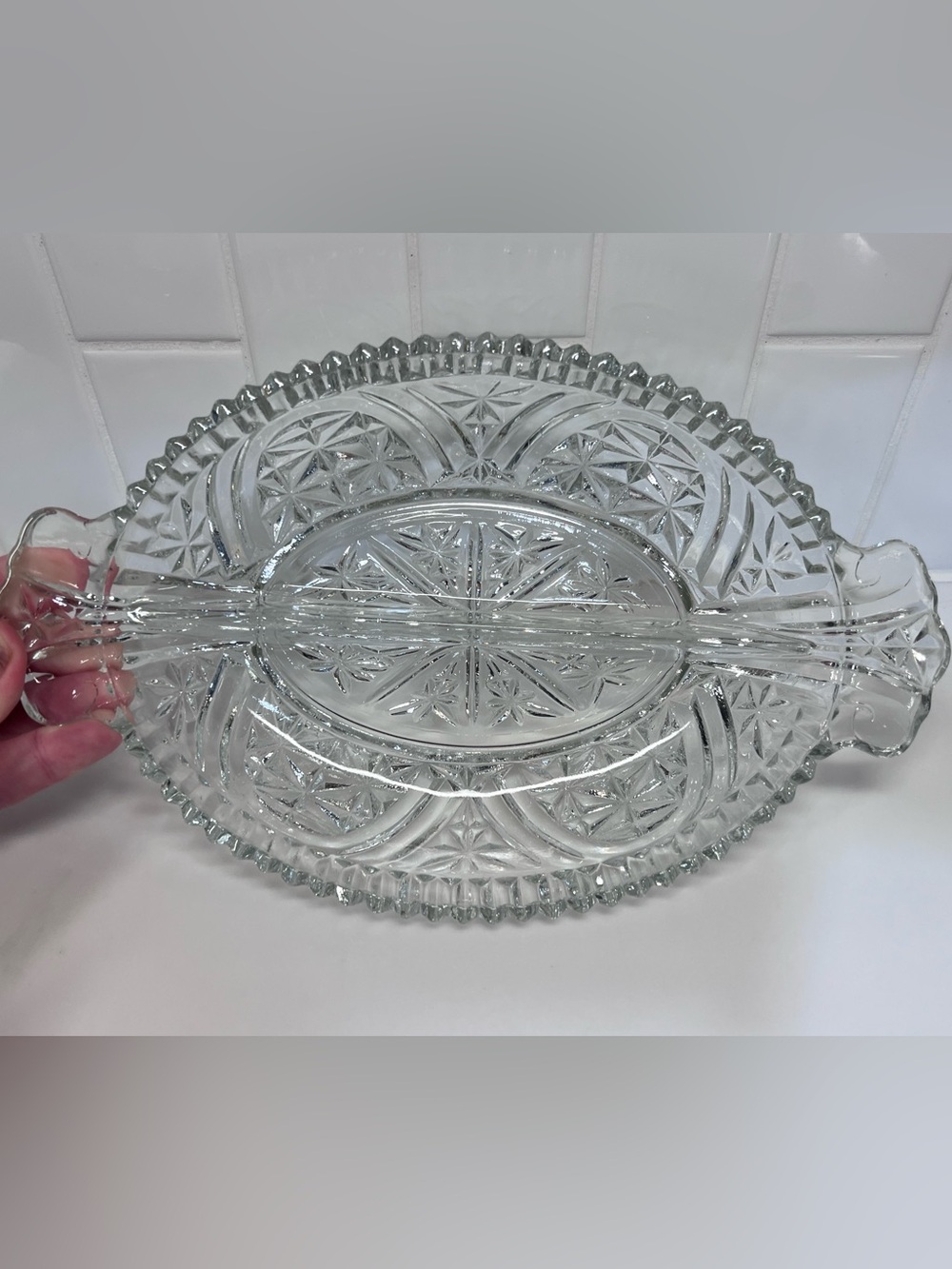 Vintage Anchor Hocking Stars & Bars Clear 10" Glass Oval Divided Relish Dish